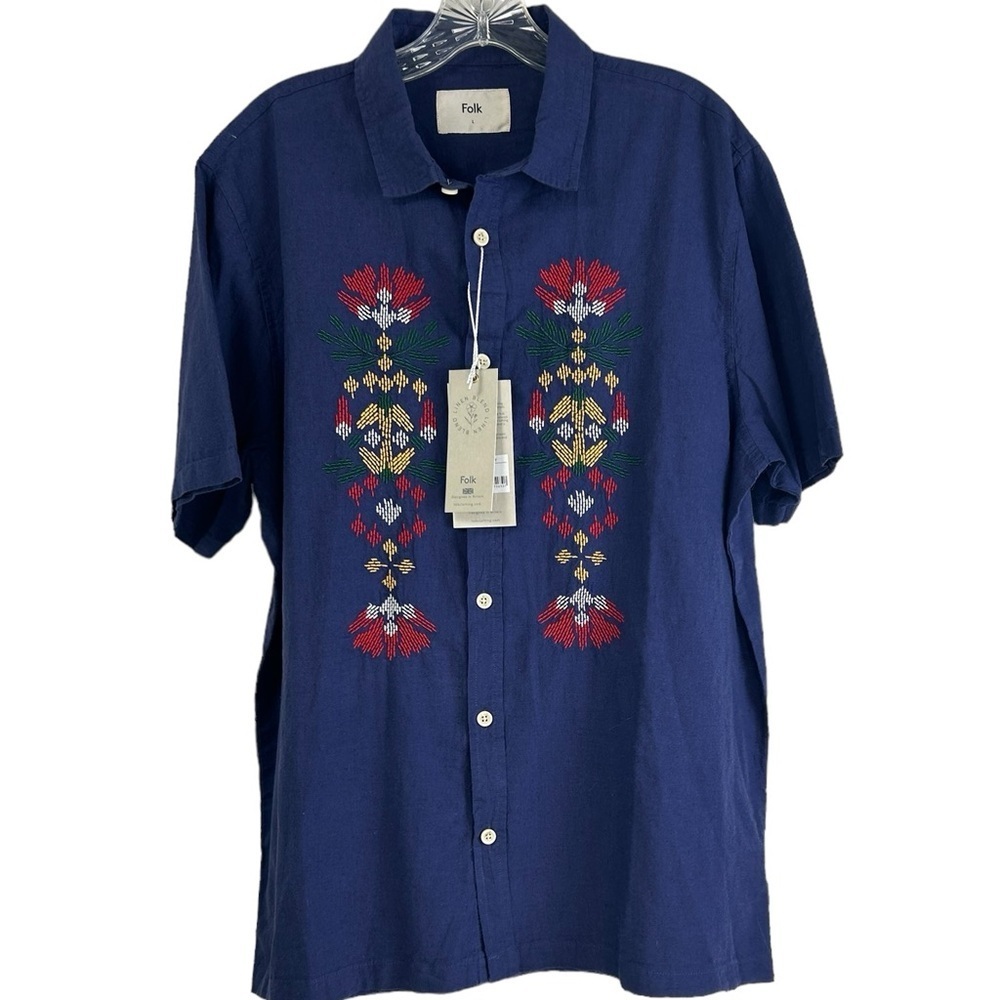 Folk Navy Blue Short Sleeve Button-Down Shirt with Red & Green Embroidery